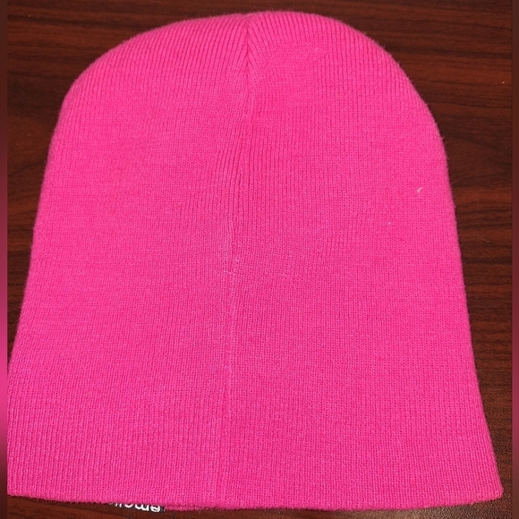 An Emoji beanie in a one size fits most. Hot pink with monkey image. - Picture 3 of 6